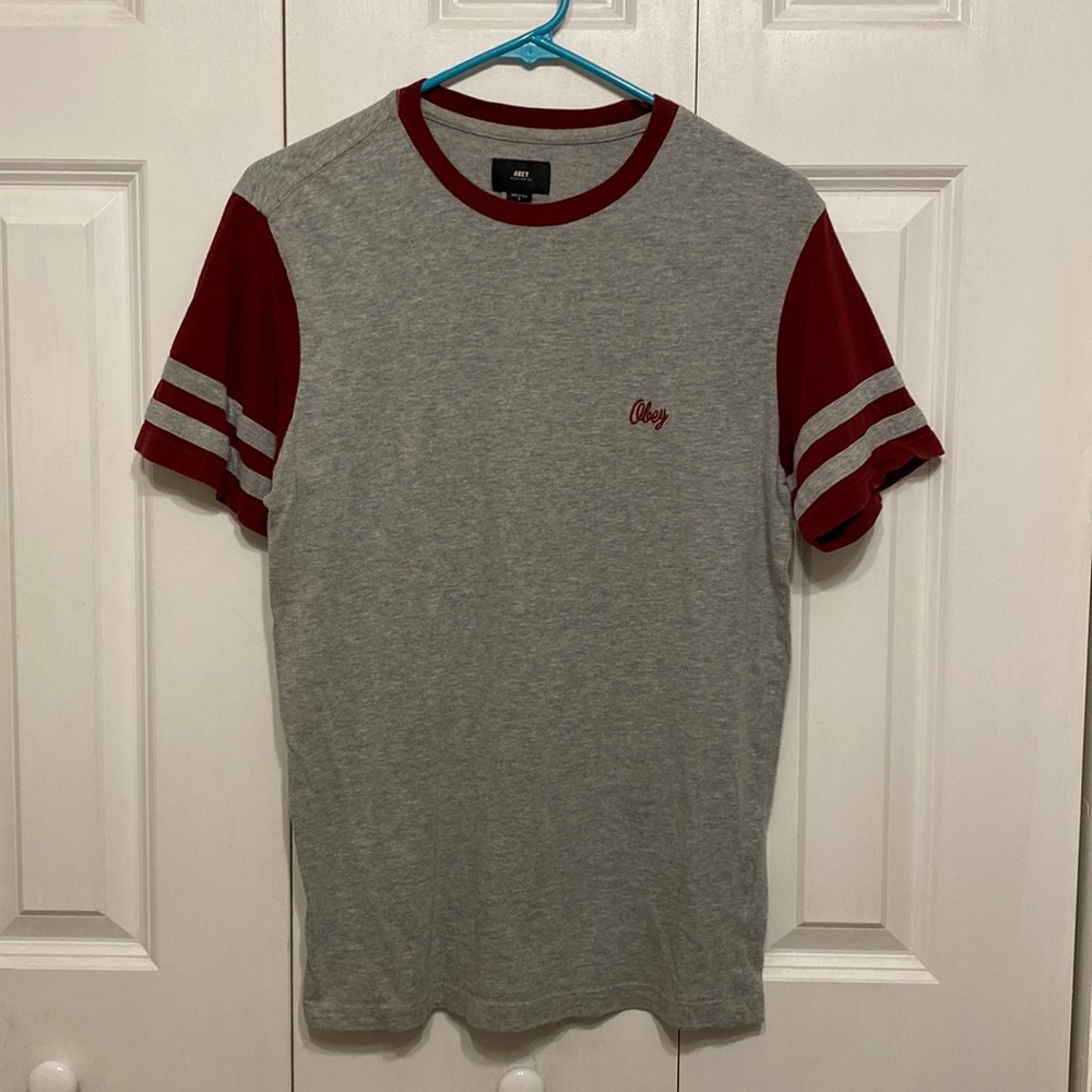 14. Obey | Men’s gray and maroon t-shirt | EUC